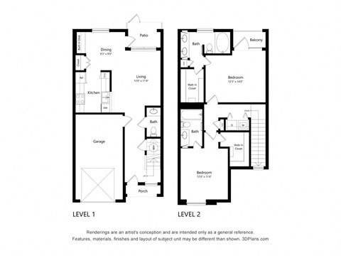 Floor plan for 2 beds, 2.5 baths, 1180 sqft
